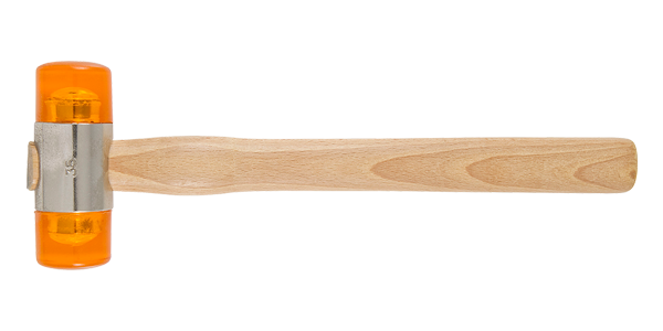   MAZZUOLE CON TESTE RIPORTATE    DI COLORE AMBRA TRASPARENTE AD ALTA RESISTENZA   CON MANICO IN LEGNO,   CON BLOCCAGGIO E TASSELLO ANTINFORTUNISTICO  Ø mm: 22 - 28 - 35 - 45 - 60 